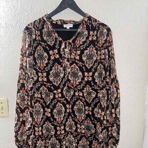 LUXOLOGY‎ WOMEN'S DRESS SIZE X LARGE TIE NECK MEDALLION PRINT CHIFFON LINED